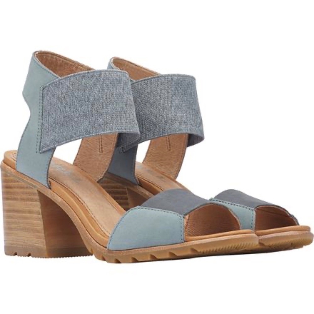 Sorel Nadia Block Heel Sandals Size 9 Grey/Blue Elastic Straps Pull On Worn Once